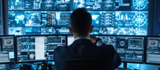 A cyber security professional observes digital information on various screens in an advanced control room AIG62