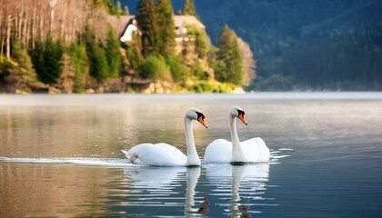 A pair of swans gliding gracefully across a lake