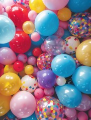 A close-up of colorful balloons in different shapes, sizes, and textures. This image is perfect for showcasing a festive party or event decoration. Generative AI