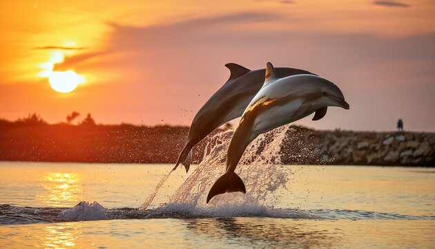 A pair of dolphins jumping out of the water at sunset