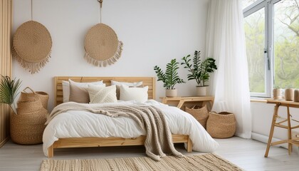 A Scandinavian-style bedroom with light wood furniture, white walls, and cozy textiles