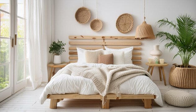 A Scandinavian-style bedroom with light wood furniture, white walls, and cozy textiles