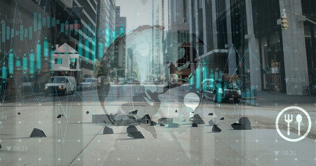 Image of financial data processing and globe over cityscape