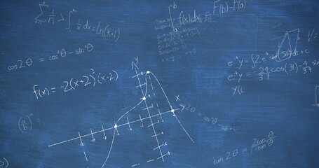 Image of mathematical data processing on blue background