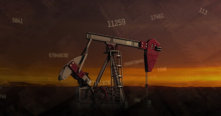 Image of numbers changing over oil rig at sunset