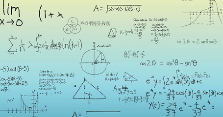 Image of mathematical data processing on blue and green background