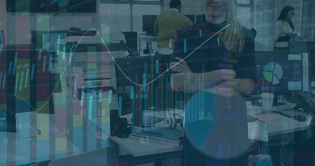 Image of network of connections over caucasian businesswoman in office