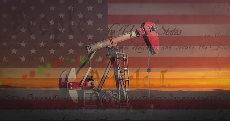 Image of flag of usa, constitution text over oil rig at sunset