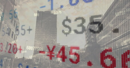 Image of financial data processing over cityscape