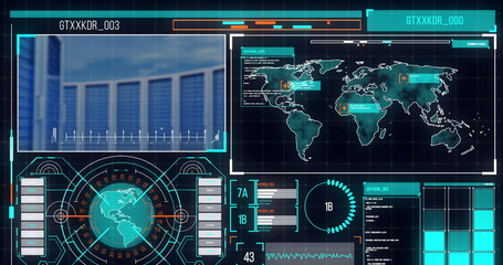 Image of data processing on screens with computer servers