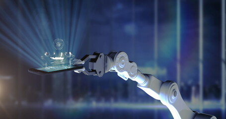 Image of robotic arm with tablet and data processing over cityscape