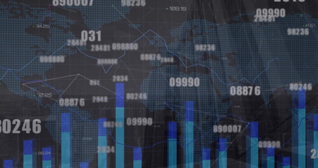 Image of financial data processing with network of connections and world map over cityscape