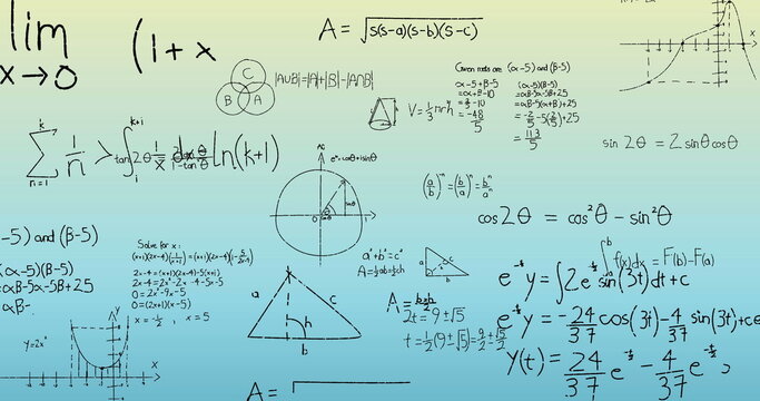 Image of mathematical data processing on blue and green background