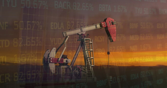 Image of financial data processing over oil rig at sunset - Powered by Adobe