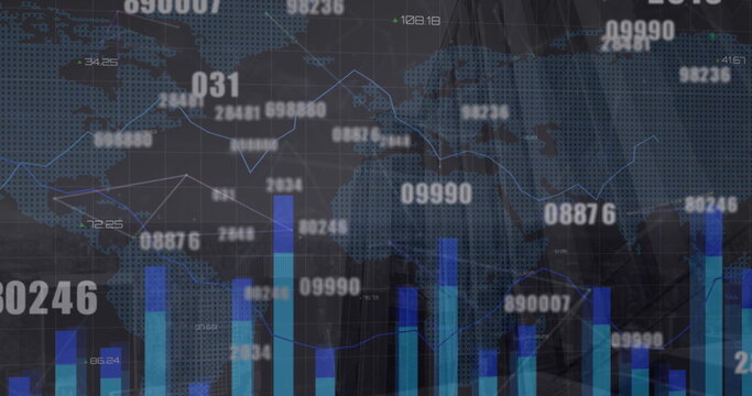 Image of financial data processing with network of connections and world map over cityscape