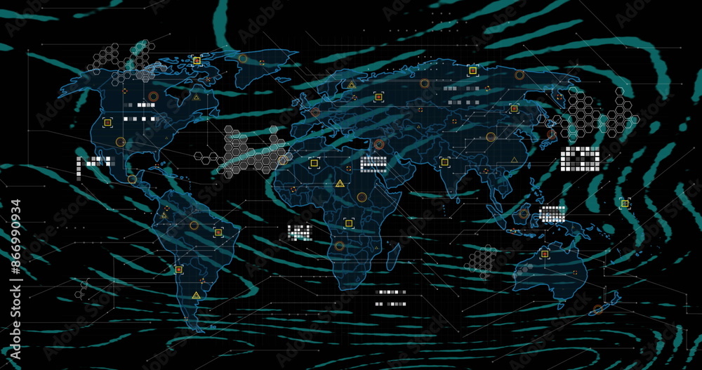 Poster Image of circular pattern over circuit board pattern on map against black background
