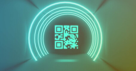 Image of neon qr code scanner and light trails against blue background