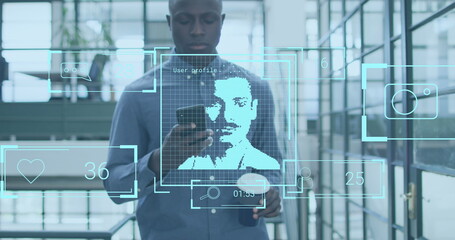 Image of numbers, icons, profile picture, african american man drinking coffee and using phone