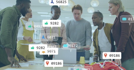 Image of notification icons with changing numbers over diverse coworkers discussing reports