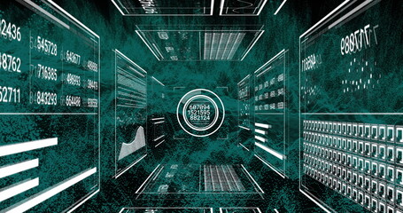 Image of data processing over green lines on black background