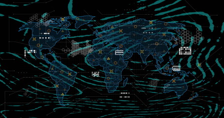 Image of circular pattern over circuit board pattern on map against black background