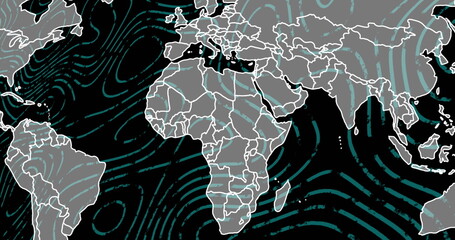 Image of map over circular patterns against black background