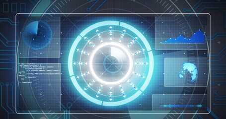 Image of data processing, globe and scope scanning