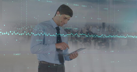 Image of data processing over caucasian businessman using tablet and cityscape