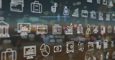 Image of digital icons and data processing against blurred view of night city traffic