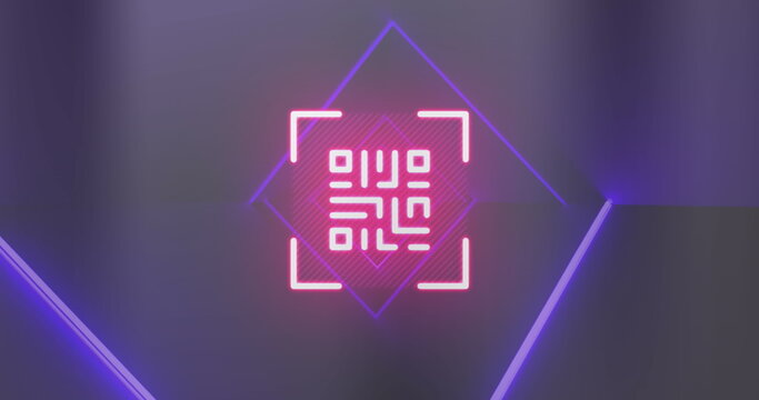 Image of neon pink qr code scanner and light trails against blue background