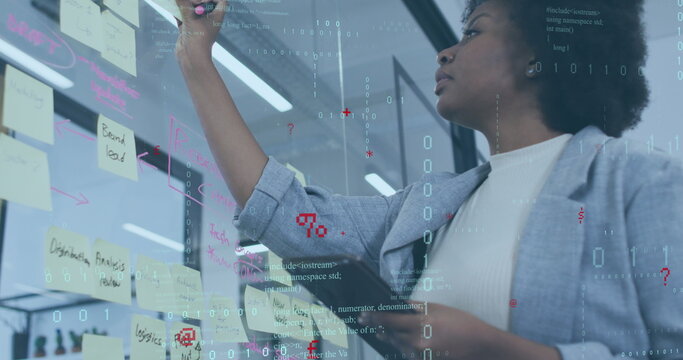 Image of computer language, binary codes over african american woman sticking note on glass wall - Powered by Adobe
