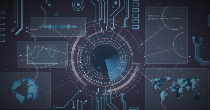 Image of data processing, globe and world map over scope scanning