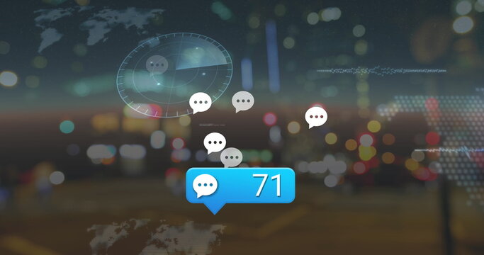 Image of message icons with increasing numbers against blurred view of night city traffic - Powered by Adobe