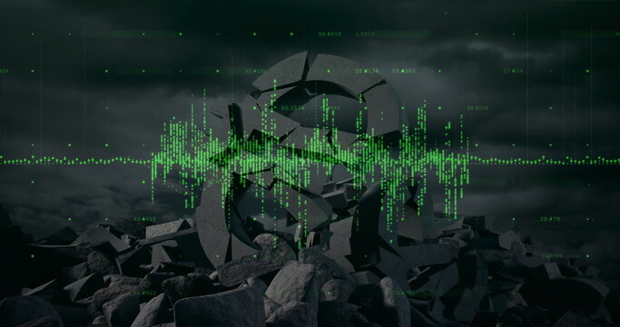 Image of financial data processing over euro sign crumbled