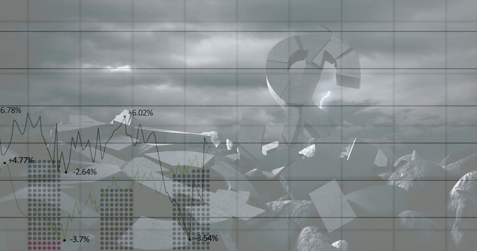 Image of financial data processing over american dollar sign crumbling