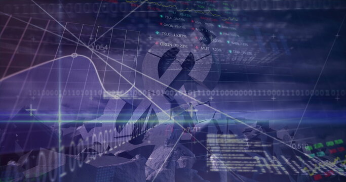 Image of financial data processing and binary coding over american dollar sign