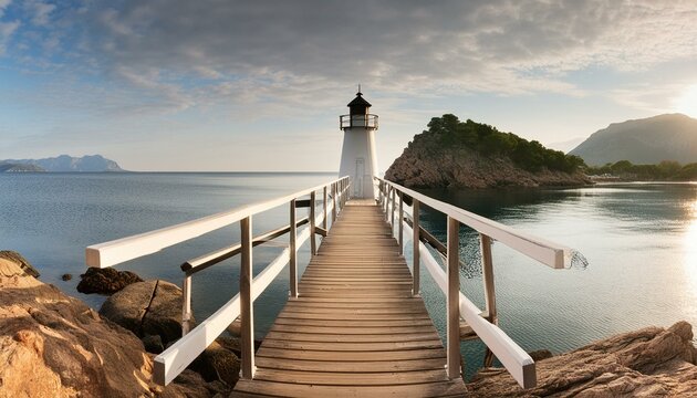 Boat pier to the lighthouse with the tranquil sea bay
