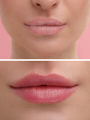 Permanent makeup. Collage with photos of woman before and after lip blushing, closeup