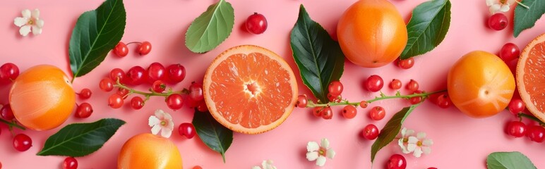 Fresh Oranges and Berries on Pink Background