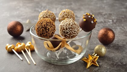 cake pops in a glass bowl with sprinkles and chocolates