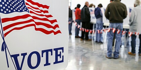 Spacious voting room white polling booth The design is clean and classic with an American flag and the word "VOTE" on the side - voters lining up for election ballots