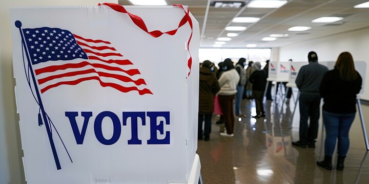 Spacious voting room white polling booth The design is clean and classic with an American flag and the word "VOTE" on the side - voters lining up for election ballots