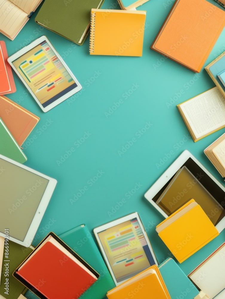 Poster a flat lay of tablets and e-readers displaying educational materials, surrounded by various books. g