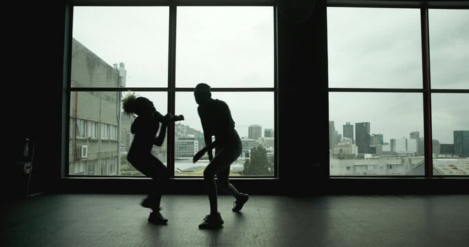 High five, window and friends silhouette with teamwork, collaboration and excited at gym with happy people. Success, motivation and achievement of fitness and workout win with training and victory