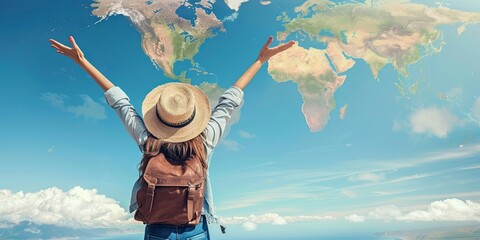 world travel concept with travelers with an itinerary using a world map to plan trips