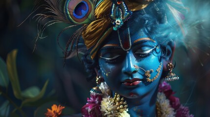 Divine celebration: happy krishna janmashtami, birth of lord krishna with joyous rituals, vibrant decorations, devotional songs, celebration of his timeless teachings and playful spirit.