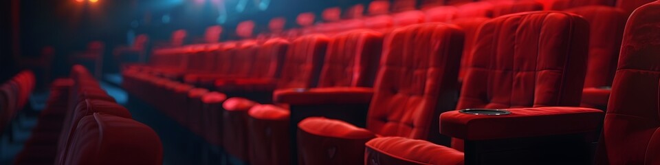 Obraz premium Empty red seats in an old-fashioned cinema hall with ambient lighting