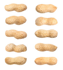 Many peanuts in pods isolated on white, set