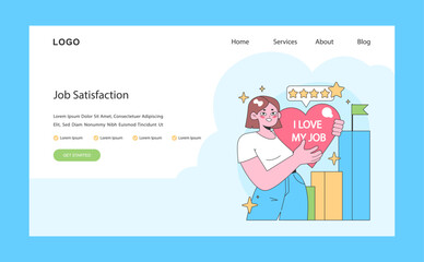 Job satisfaction. Female business character holding a heart love my job.