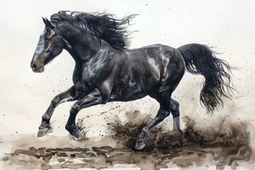 Powerful black horse is running through a dusty field, its mane and tail flowing in the wind